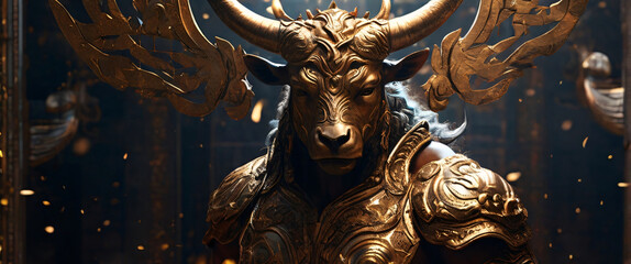 the intricate details of the Minotaur appearance. Its illusory gleam reflects a combination of silver and gold, giving it an ethereal and otherworldly presence. The Minotaur muscular body is adorn