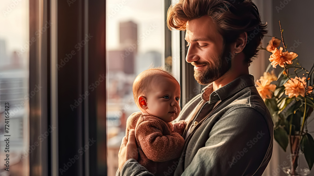 Wall mural a dad tenderly holds his baby in his arms.