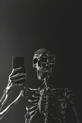 clean flat demonic skeleton taking a selfie, black on black, minimalism
