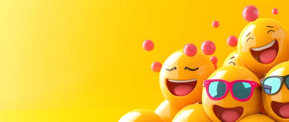 Tuinposter Joyful Emoji 3D Balls on Vibrant Yellow Background, Happy Emotions, Banner  © Luc.Pro