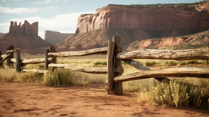 A picture of a wooden fence in a desert area with majestic mountains in the background. nature's grandeur - Powered by Adobe