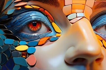 closeup of a person's face red eyed with abstract makeup art in the form of small rocks dystopian
