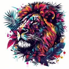 colorful edgy jungle vector drawing, t-shirt design, White background, lion