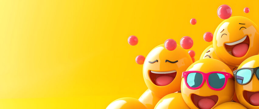 Naklejki Joyful Emoji 3D Balls on Vibrant Yellow Background, Happy Emotions, Banner 