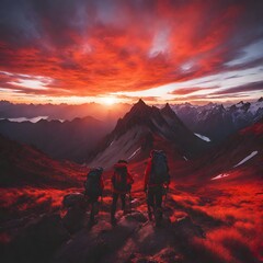 three hikers friends in the mountains standing on rocks looking over a crimson red mountain during sunset
