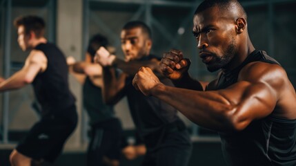 Fototapeta na wymiar Group of men practicing bodycombat in a gym