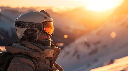 70 year old woman doing extreme sports, fully equipped helmet and goggles on snowboarding, setting sun in the mountains. - obrazy, fototapety, plakaty