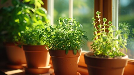 a variety of potted spicy herbs such as spearmint, rosemary, and thyme, thrive on a wooden windowsill