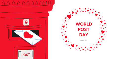 World Post Day celebration vector graphic banner. Old red letter box and envelope with love letter. Mailbox, post box, poster design