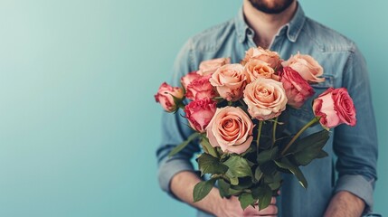 man with a bouquet of beautiful roses on a light blue background, a man with a bouquet of roses on a light background, a man with flowers on a light background, propose concept, love, share, care 