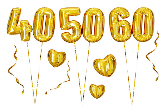 40, 50 and 60 golden 3d inflated text effect on transparent 40, 50 and 60 golden 3d inflated text balloon effect on transparent background. 3d illustration


