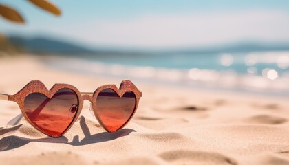 Fototapeta na wymiar Heart Shaped Sunglasses Resting on Sandy Beach