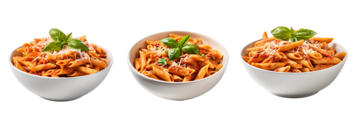 Front view of Penne alla Vodka with penne pasta in a creamy tomato and vodka sauce transparent background png. AI generated