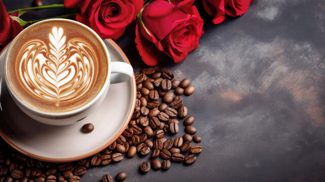 Intricate Latte Art with Red Roses and Coffee Beans on Dark Background