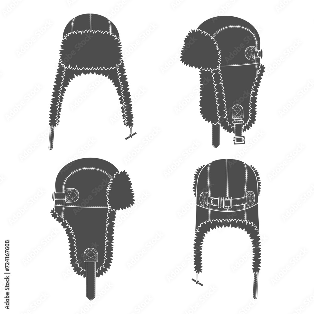 Poster set of black and white illustrations with flying cap with earflaps. isolated vector objects on white