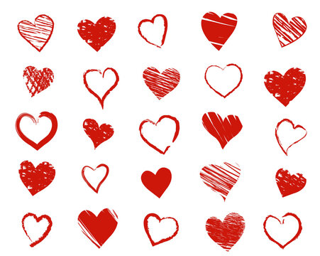Hand Draw Red Hearts Symbols Isolated