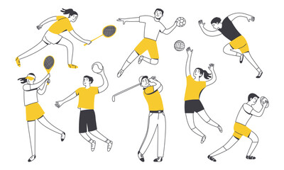Set of doodle characters, athletes. A man and a woman are engaged in active sports games. Vector illustration isolated