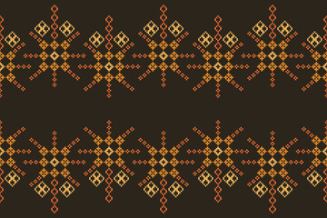 Traditional ethnic motifs ikat geometric fabric pattern cross stitch.Ikat embroidery Ethnic oriental Pixel brown background. Abstract,vector,illustration. Texture,scarf,decoration,wallpaper.