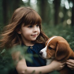 Innocence in the Wild: A Little Girl Embracing the Joy of Her New Puppy Amidst the Serene Woods