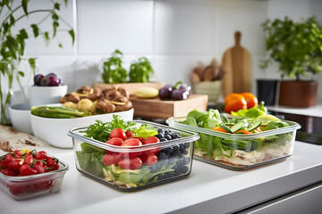 Tuppers with healthy food in a white kitchen