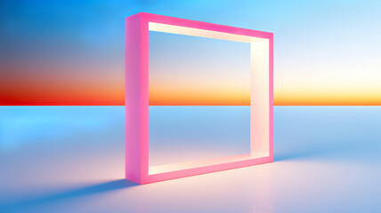 A surreal pink frame stands on a reflective surface against a tranquil gradient of sunrise colors, blending fantasy with a serene landscape.Abstract art concept. AI generated.