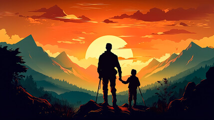 illustration of a father holding his child's hand against a mountainous backdrop