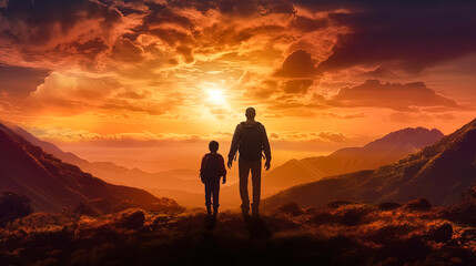 illustration of a father holding his child's hand against a mountainous backdrop - obrazy, fototapety, plakaty