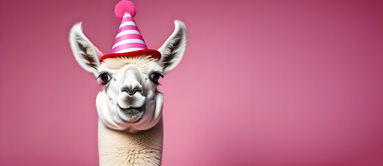 funny llama in a cap, April Fool's Day, on a pink background, banner, place for text