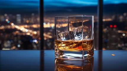 Whiskey on the rocks with view of the night city.