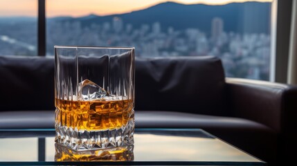 Glass of whiskey with ice on a glass table in front of view of the city