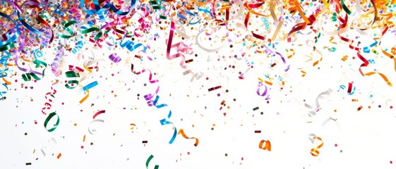 Festive carnival new year's eve celebration party banner texture - Falling colorful multicolored glitter streamers and gift ribbons isolated on white background