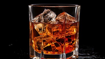 Glass of whiskey with ice cubes on black background. Close up.