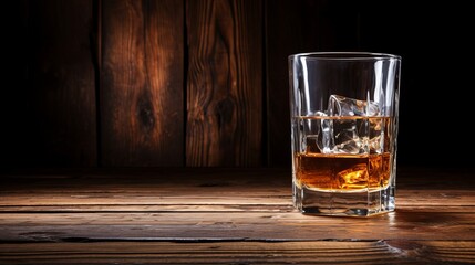 Glass of whiskey with ice on old wooden background. Toned.