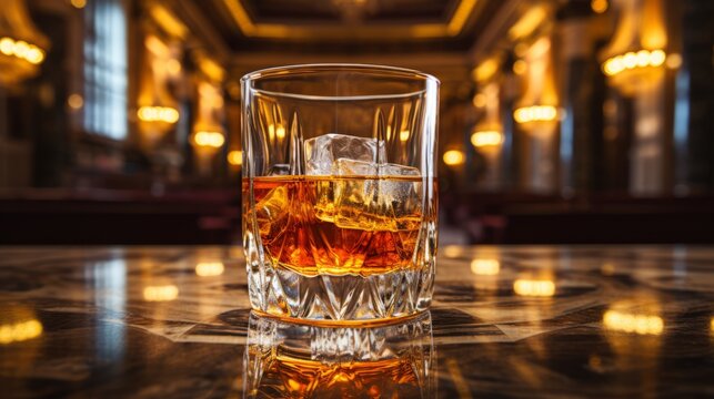 Glass of whiskey with ice cubes on a bar counter in a pub