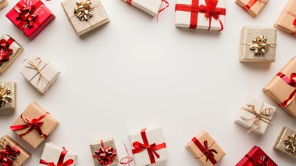 Top view photo of present boxes and gifts frame on isolated light background with blank space in the middle