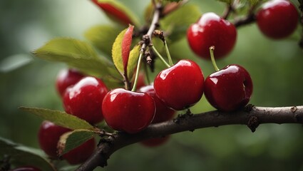 A vibrant spectacle unfolds as cherries adorn the branches, nature's vivid jewels gleaming amidst lush foliage. A visual ode to the luscious beauty of cherry blossoms.