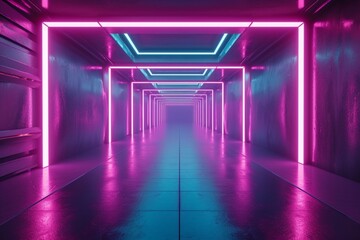 Generative AI illustration of abstract background of futuristic corridor with purple and blue neon lights