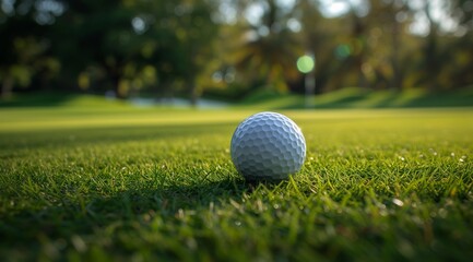 Golf Ball on Lush Fairway at Sunset