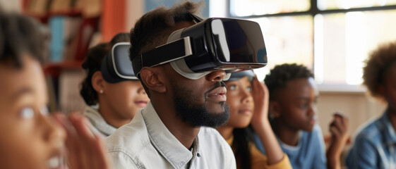 A group of diverse students experiences virtual reality, exploring new dimensions of learning