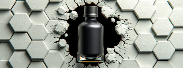 Ethereal Encounter: A Mysterious Black Bottle Embraced by the Enigmatic Wall - obrazy, fototapety, plakaty