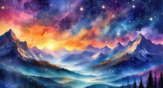 Bright Colorful space background with stars, Blue watercolor galaxy texture, fantazy universe