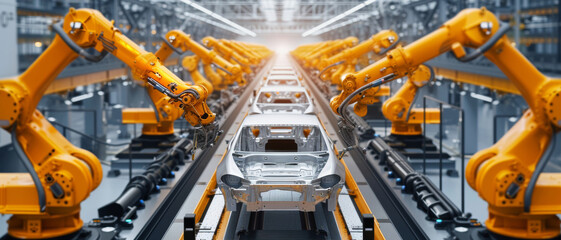 Automation in action: robotic arms assemble cars with precision in a modern automotive factory