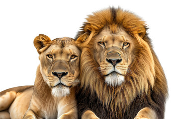 Fototapeta premium Two majestic big cats, a lion and lioness, share a tender moment lying together in the wild, their warm fur blending seamlessly into the earthy tones of the masai landscape
