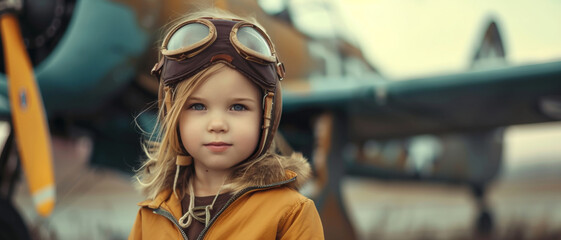 A child's adventure spirit soars high as she imagines piloting a vintage plane in her aviator gear