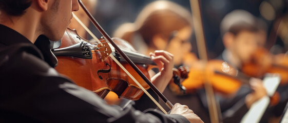 An orchestra's violin section performs with passion, strings resonating in a symphony of emotion