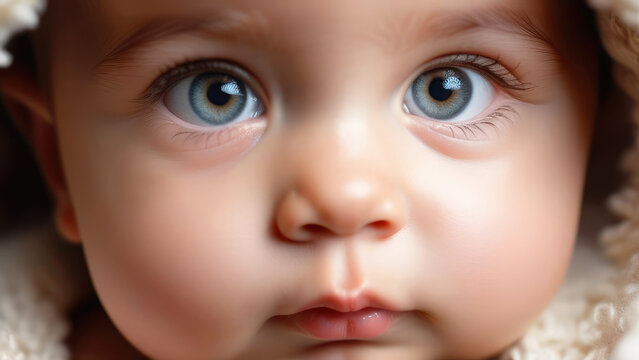 The eyes of a small child in close-up, a cute baby peeping, large gray-blue eyes of a smiling funny baby. Generative AI.