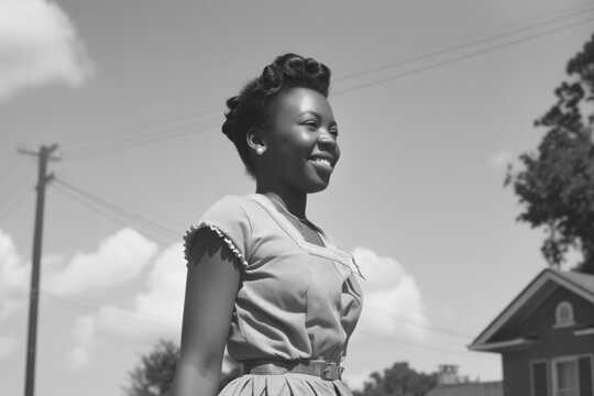 Fototapeta Vintage photo of a Young black woman walking down the streets in a US city in the 1950s