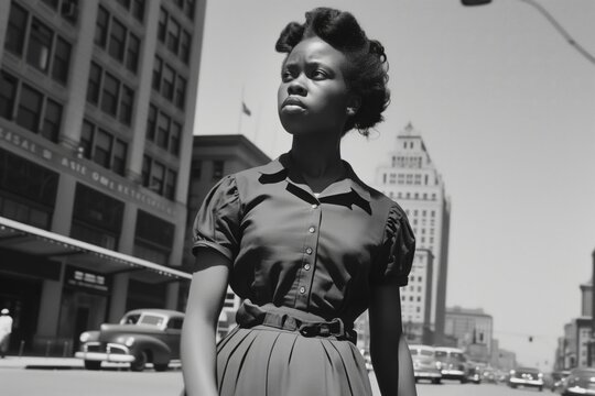 Fototapeta Vintage photo of a Young black woman walking down the streets in a US city in the 1950s