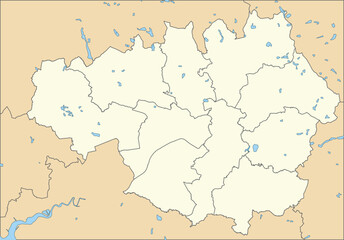Beige flat vector metropolitan administrative map of GREATER MANCHESTER, ENGLAND with black border lines and waterways of its local authority districts - obrazy, fototapety, plakaty