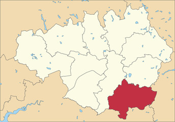 Red flat blank highlighted location map of the METROPOLITAN BOROUGH OF STOCKPORT inside beige administrative local authority districts map of Greater Manchester, England